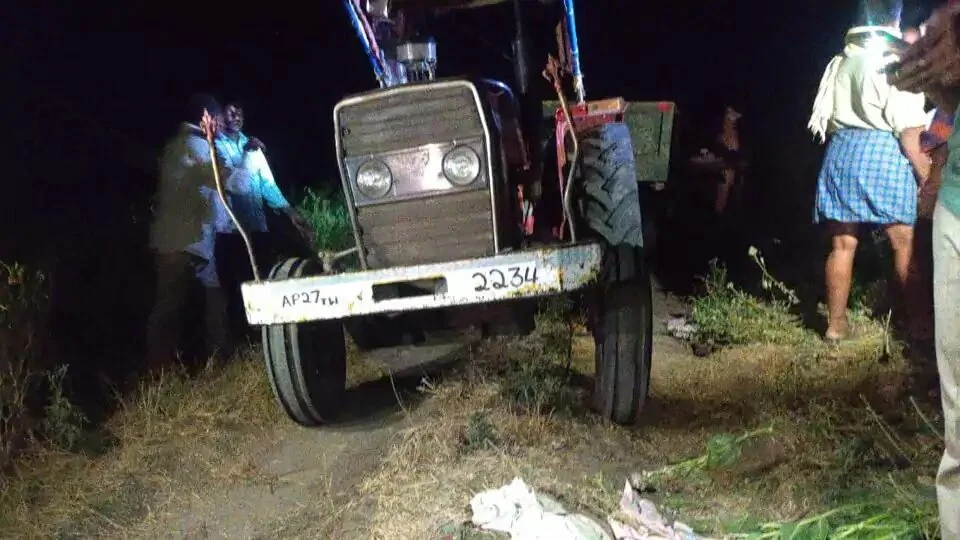 The tractor in which 15 people were travelling at the site of the accident n Andhra Pradesh’s Prakasam district.