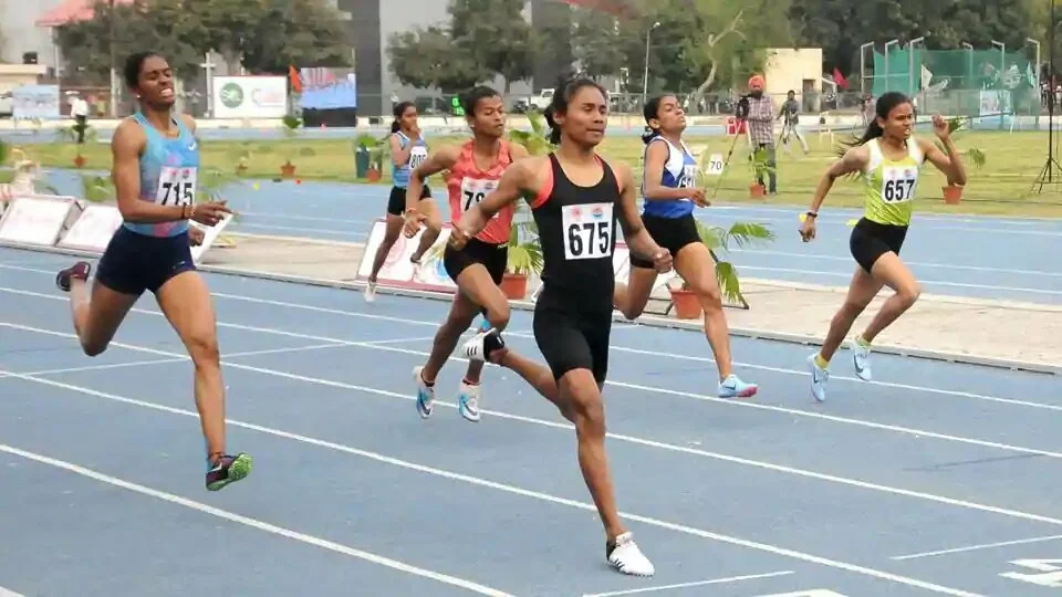 Athlete Hima Das after won 400 meter race during the 23rd National Federation cup seniors Athletics Championship 2019.