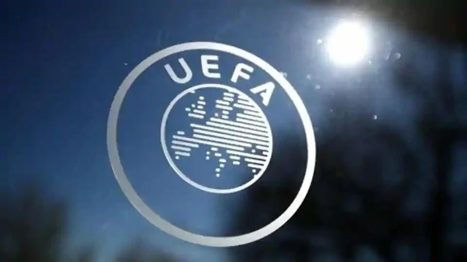 General view of the UEFA logo at UEFA Headquarters before the draw.