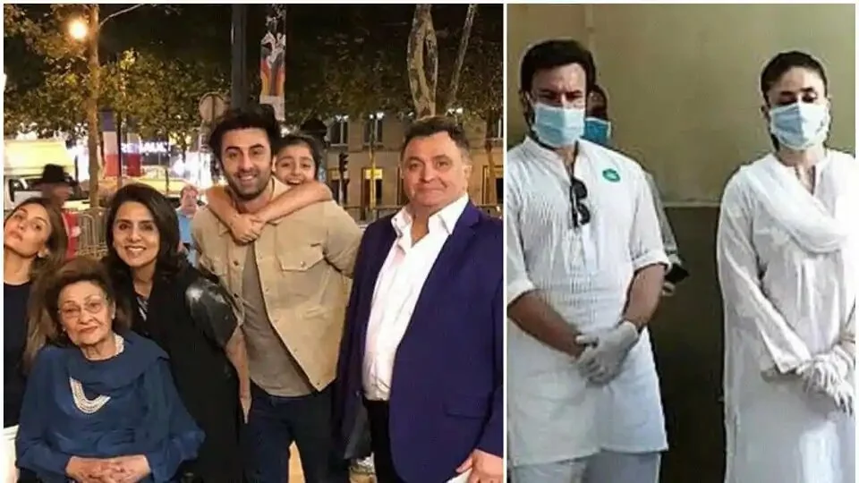 Rishi Kapoor and his family in the past and (right) Kareena Kapoor and Saif Ali Khan at the hospital after his death.