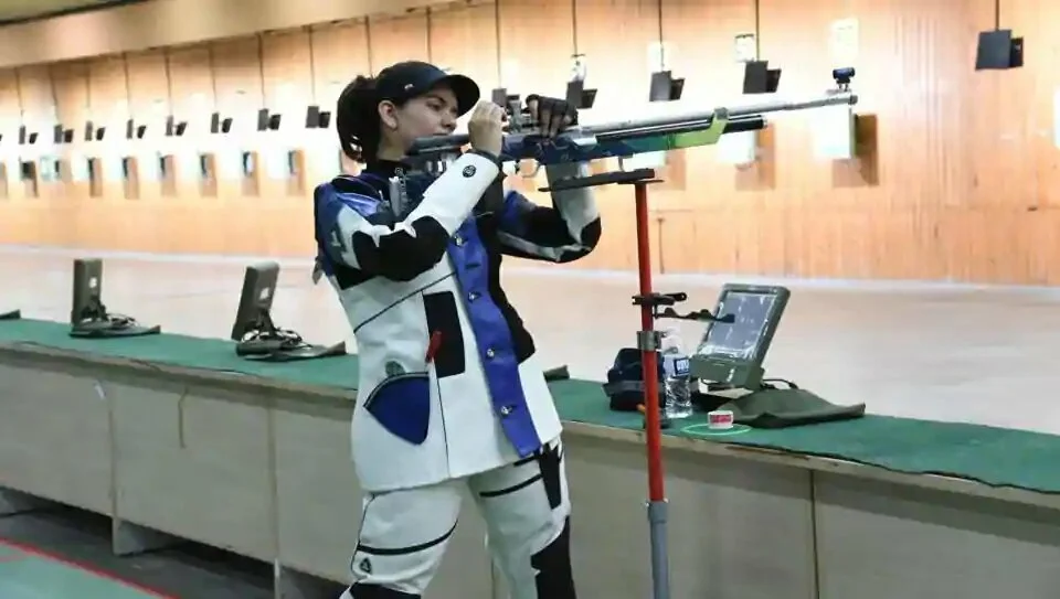 Anjum Moudgil in action during trials at 10m shooting range at shiv chhatrapati sports complex, in Pune.