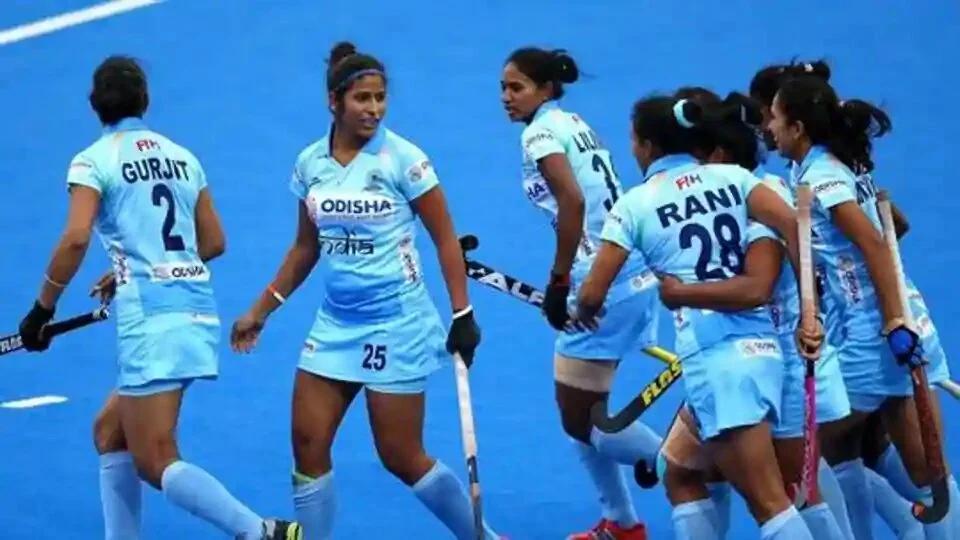 Rani of India celebrates scoreing her sides first goal with team mates during the FIH Womens Hockey World Cup Pool B game.