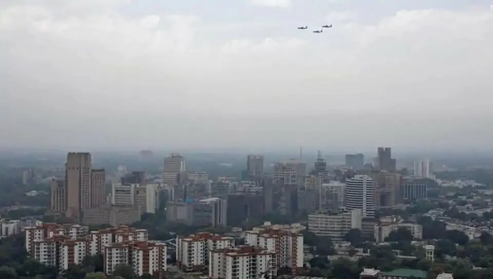 Indian Air Force (IAF) planes fly past New Delhi skyline as part of an activity being carried out by the IAF to show gratitude towards the frontline workers fighting the coronavirus disease (Covid-19) outbreak, in New Delhi, India.