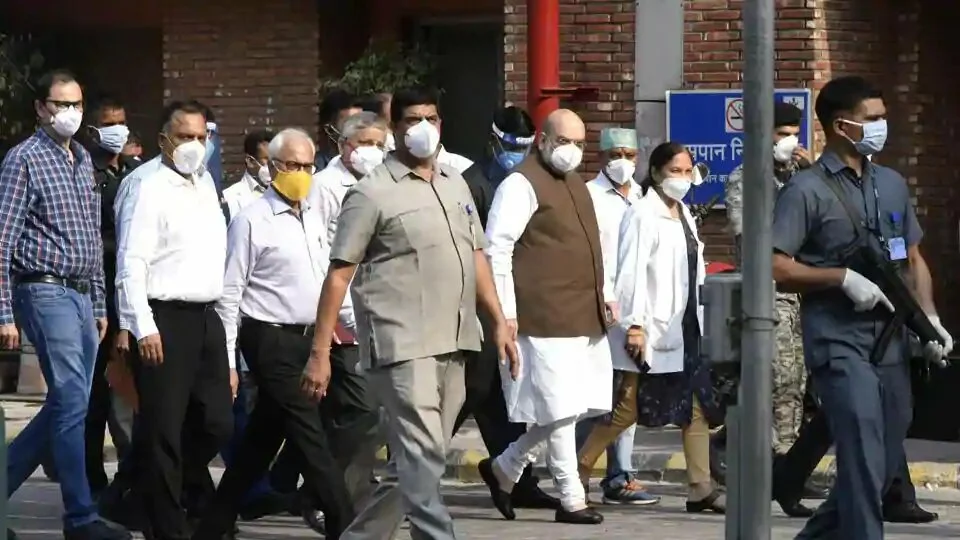 Union Home Minister Amit Shah during a Covid-19 preparedness review of Lok Nayak Jai Prakash (LNJP) Hospital in New Delhi.