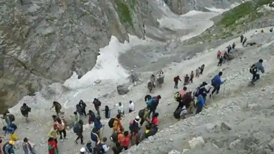 Devotees during their pilgrimage to the holy cave shrine of Amarnath, in Baltal, Jammu and Kashmir in July 2019.