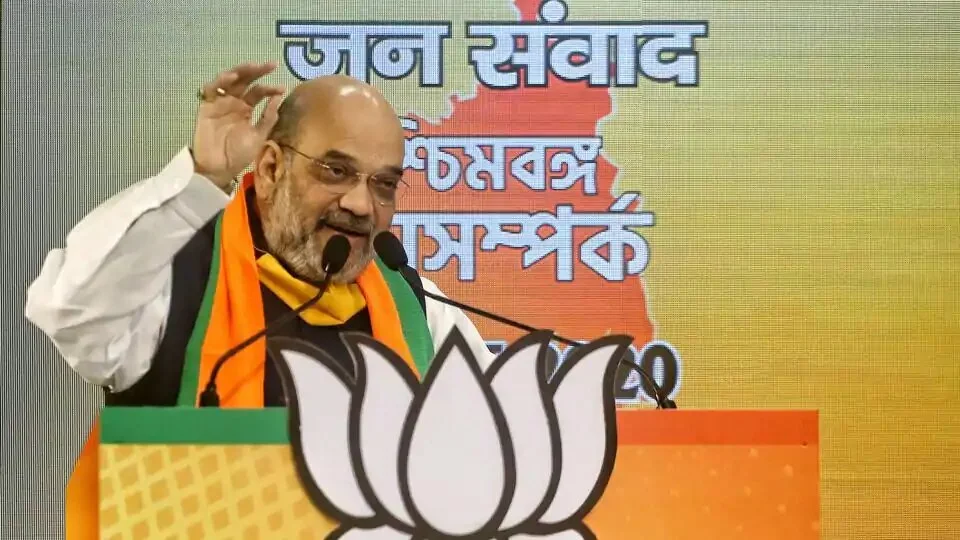 Union home minister and BJP leader Amit Shah addressing ‘West Bengal Jan-Samvad Rally’ through video conferencing in New Delhi on Tuesday.