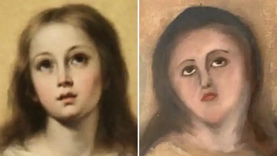 The restoration(R) of the copy of the painting of Virgin Mary by Baroque artist Bartolomé Esteban Murillo (L).