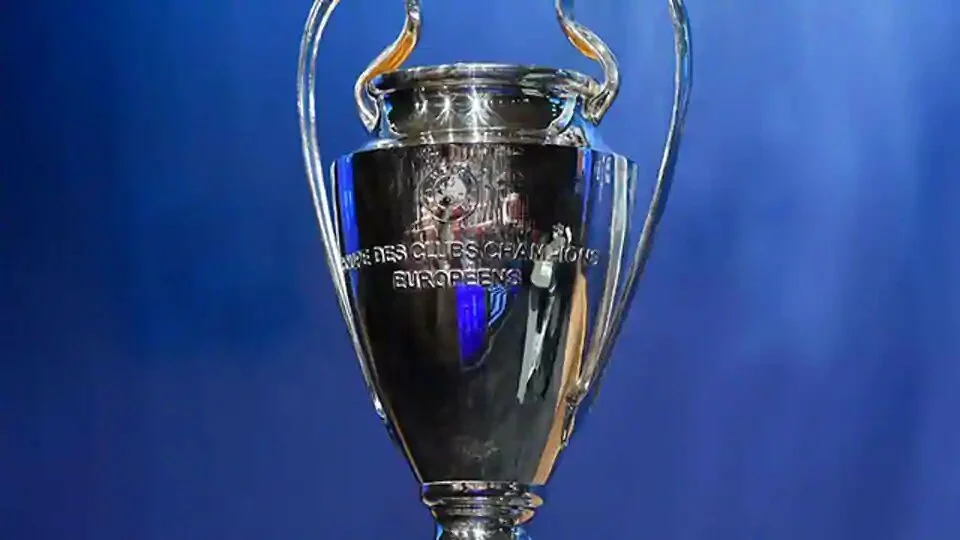 The UEFA Champions League trophy displayed at the UEFA headquarters in Nyon.