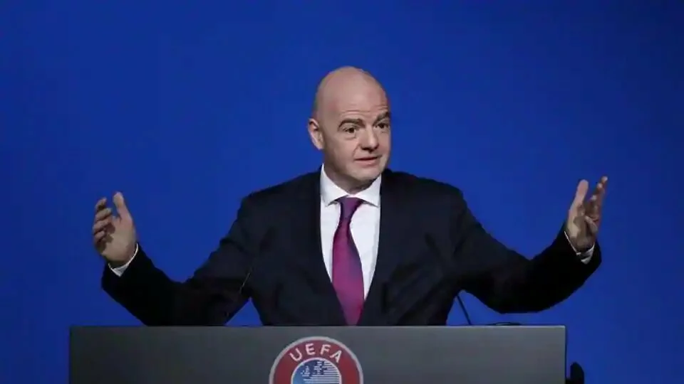 FILE PHOTO: FIFA President Gianni Infantino gestures during a UEFA Congress at Beurs van Berlage Conference Centre, Amsterdam, Netherlands, March 3, 2020. REUTERS/Yves Herman/File Photo
