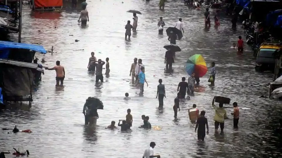 A view of water logging at Nalbazar, Mumbai, due to heavy rainfall on Wednesday.