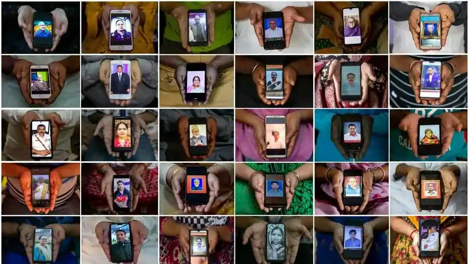 A combination picture shows people holding their mobile phones, showing images of their relatives who died due to the coronavirus disease, as they pose for a photo taken between September 22, 2020 and September 28 2020, in various cities of India.