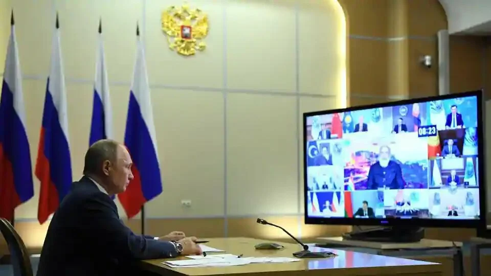 Russian President Vladimir Putin attends a summit of leaders of the Shanghai Cooperation Organisation (SCO) via a video conference call in Sochi, Russia.